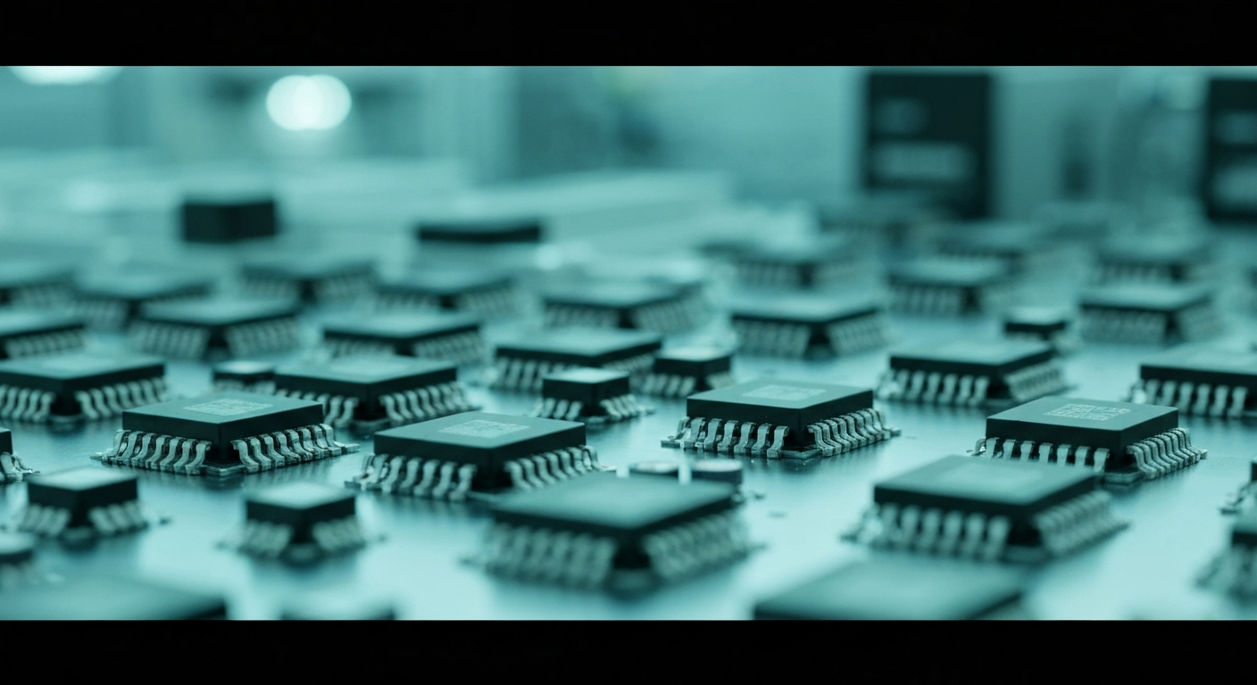 An extreme close-up of intricately patterned circuit boards and semiconductor components, conveying the sophisticated engineering behind Skyworks Solutions' products.