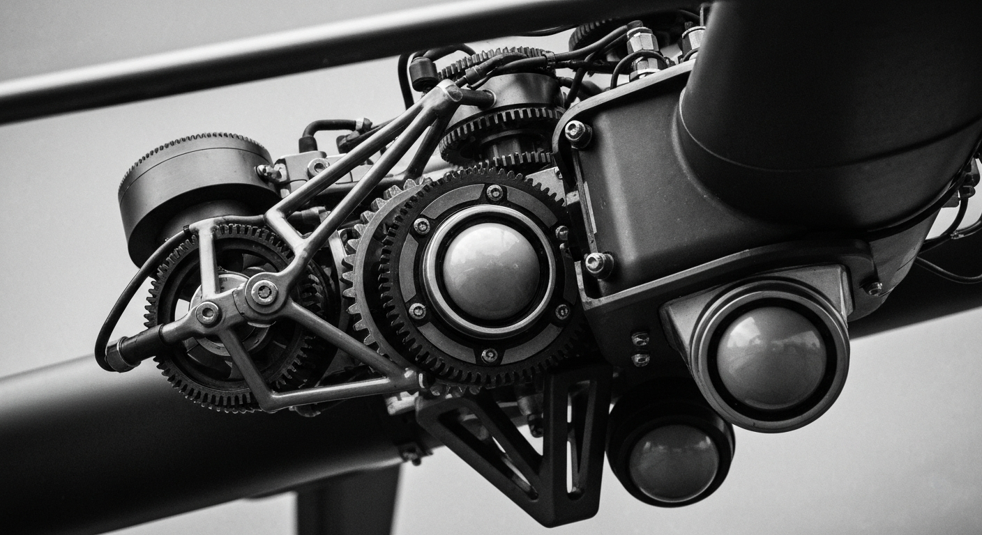 An extreme close-up of the intricate mechanical components and sensors that make up the inner workings of an AeroVironment unmanned aerial vehicle, conveying the sophisticated engineering behind the company's innovative technology.