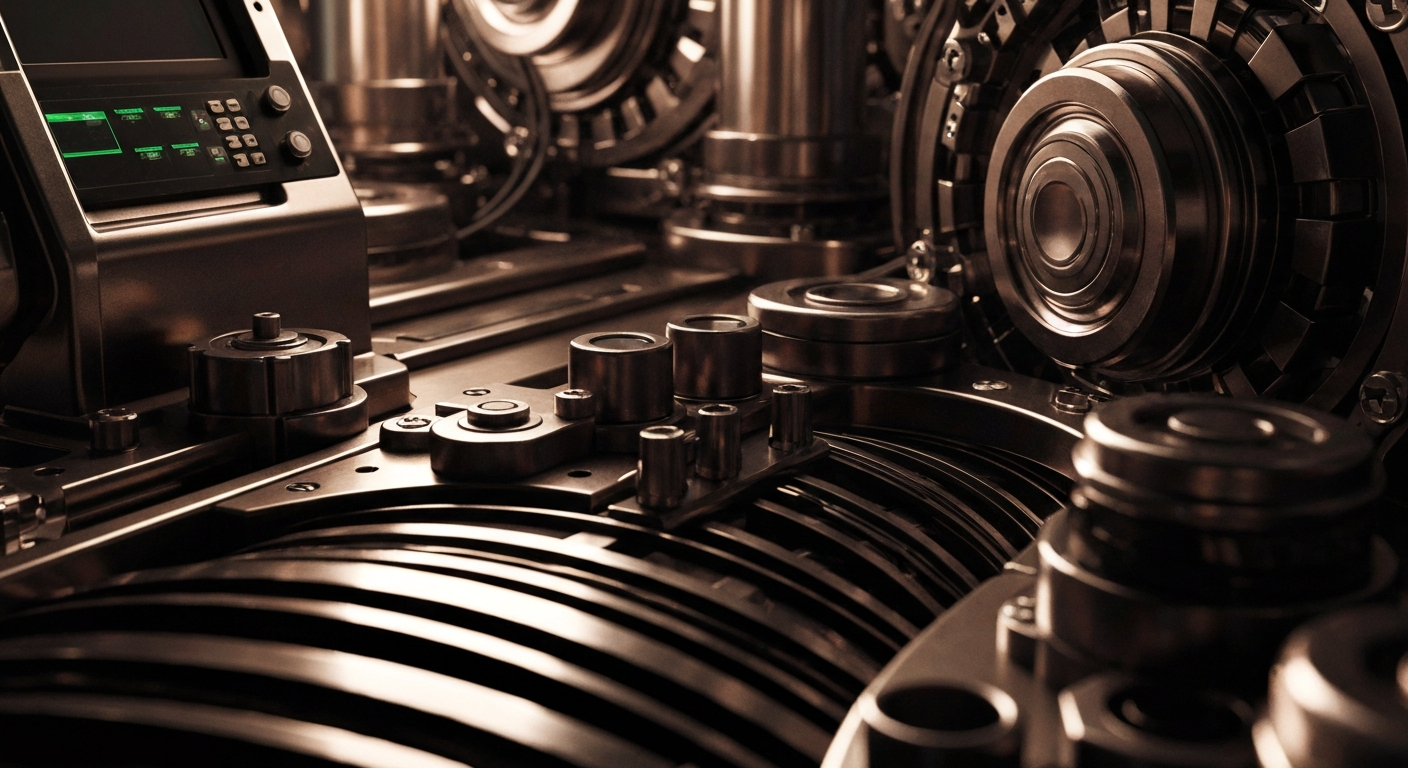 An extreme close-up of gears, levers, and other heavy industrial banking equipment, conveying the tangible, physical nature of institutional investment decisions.