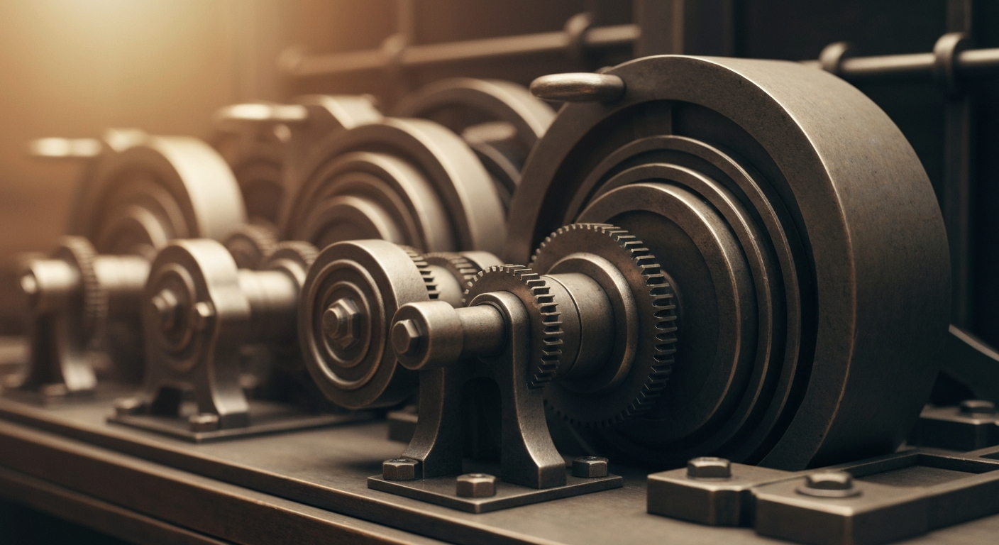 An extreme close-up of intricate, interlocking gears and levers in a banking vault, conveying the complex machinery and security of modern financial institutions.