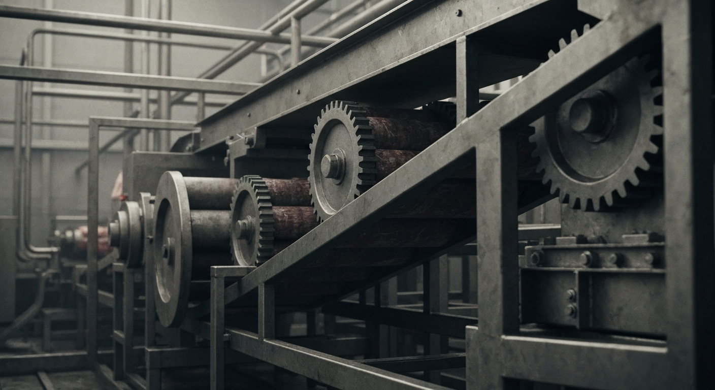 An extreme close-up of the intricate machinery and mechanisms inside an industrial meat processing facility, conveying the scale, complexity, and importance of the global food production industry.