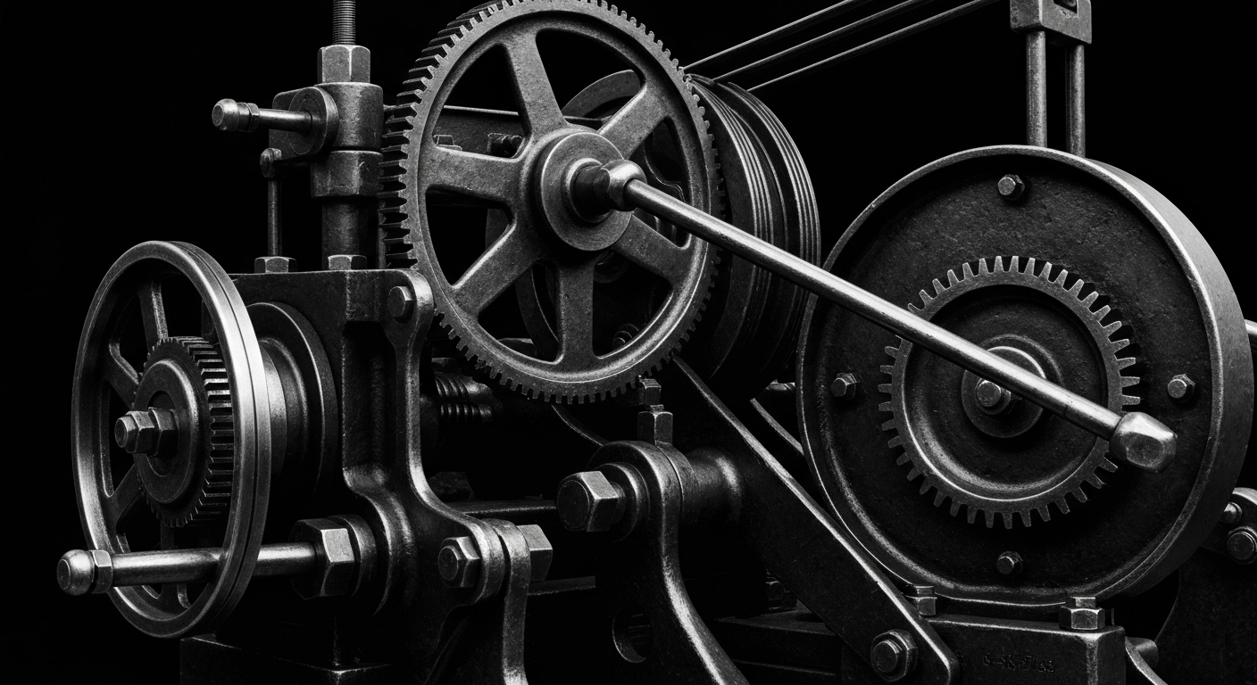 A high-contrast, black-and-white close-up image of various industrial banking components like gears, pulleys, and levers, conceptually representing the tangible mechanics and institutional power of the financial sector.
