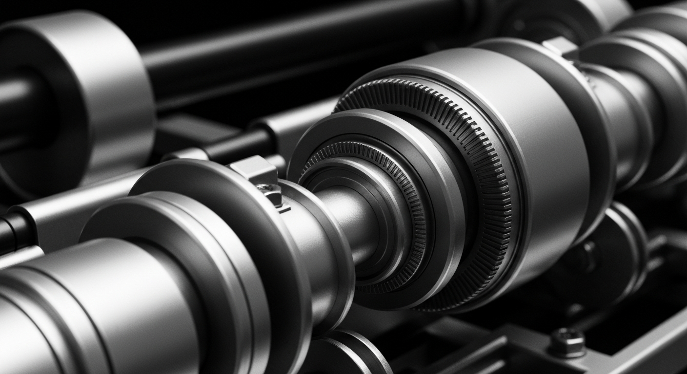 A high-contrast black and white close-up image of the inner workings of an insulin pump, with gears, circuits, and other mechanical components filling the frame to represent the complex financial and technological infrastructure behind medical device innovation.