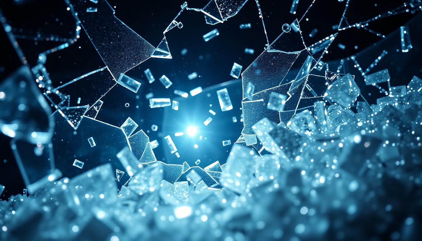 An abstract close-up photograph of shattered glass and glittering sequins, using dramatic lighting to create a high-contrast, glamorous texture that conceptually represents the fragility of celebrity culture.