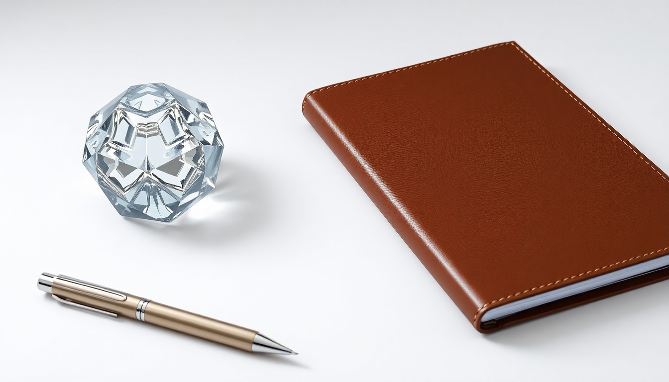 A photorealistic studio still life featuring a polished glass paperweight, metal pen, and leather notebook arranged elegantly on a clean white background, conceptually representing Genstone Realty's professional real estate services.