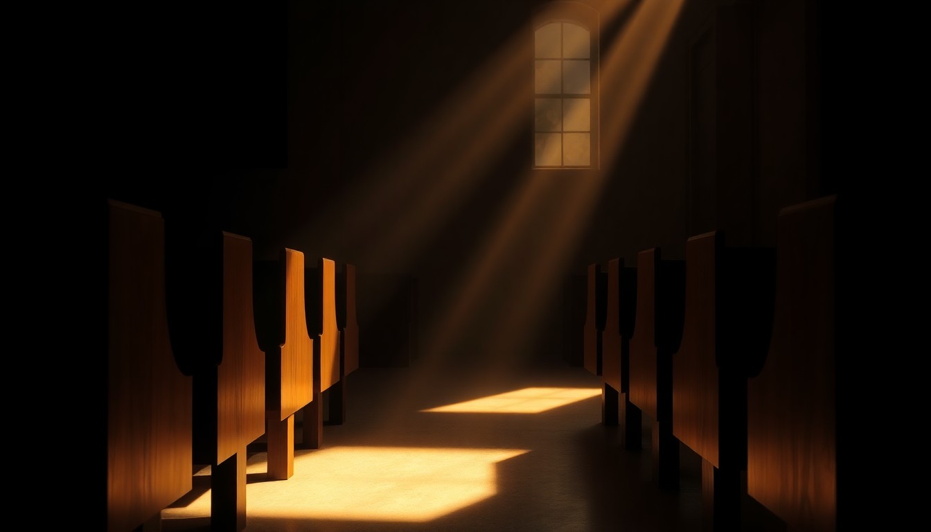 A serene, cinematic painting of a solitary church pew in warm, golden light and deep shadows, evoking a sense of quiet contemplation and the complex relationship between religion and politics.
