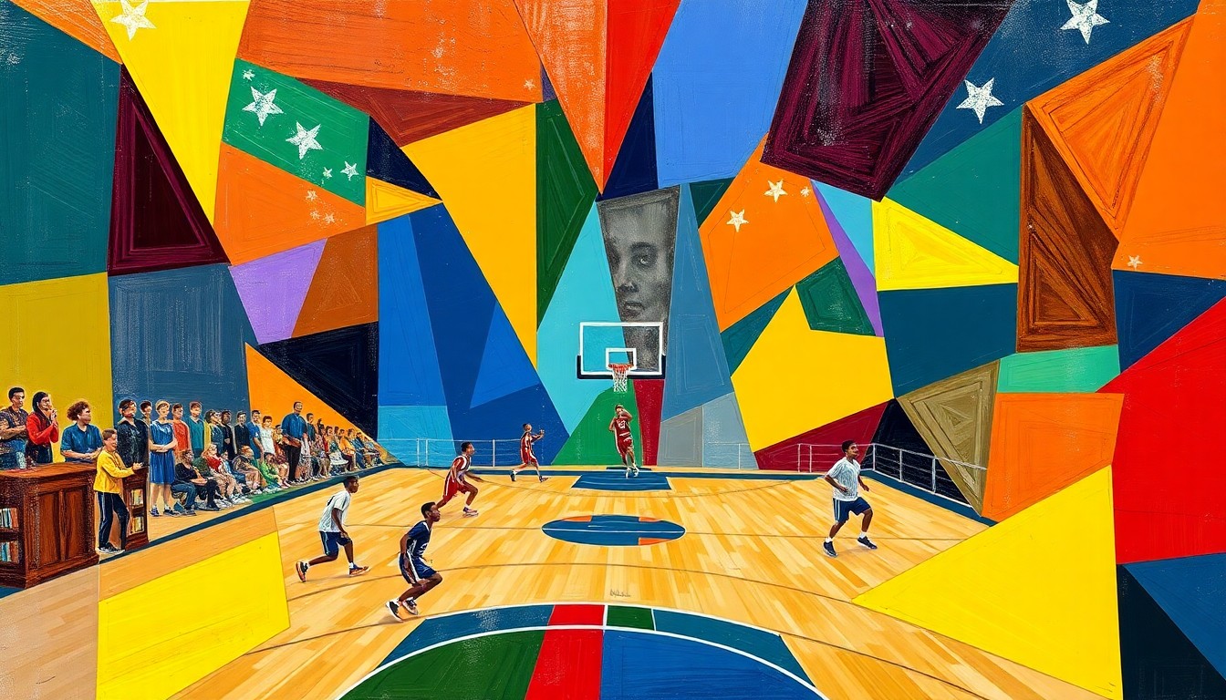 A cubist, geometric painting in bright team colors, capturing the energy and movement of a high school basketball game.