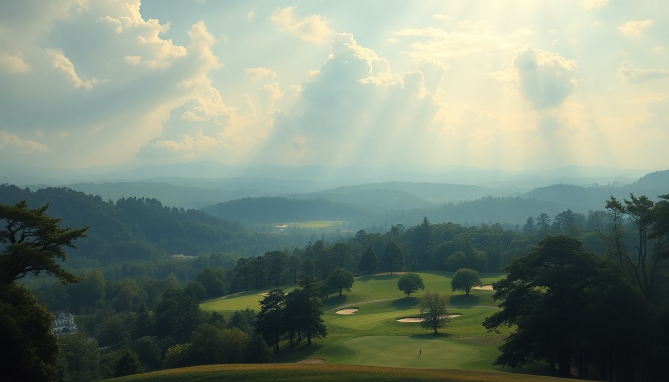 A sweeping, atmospheric landscape painting depicting the iconic Augusta National Golf Club clubhouse and course nestled within a vast, hazy expanse of sky and rolling hills, conveying the sublime scale of the natural setting that hosts one of golf's most prestigious events.