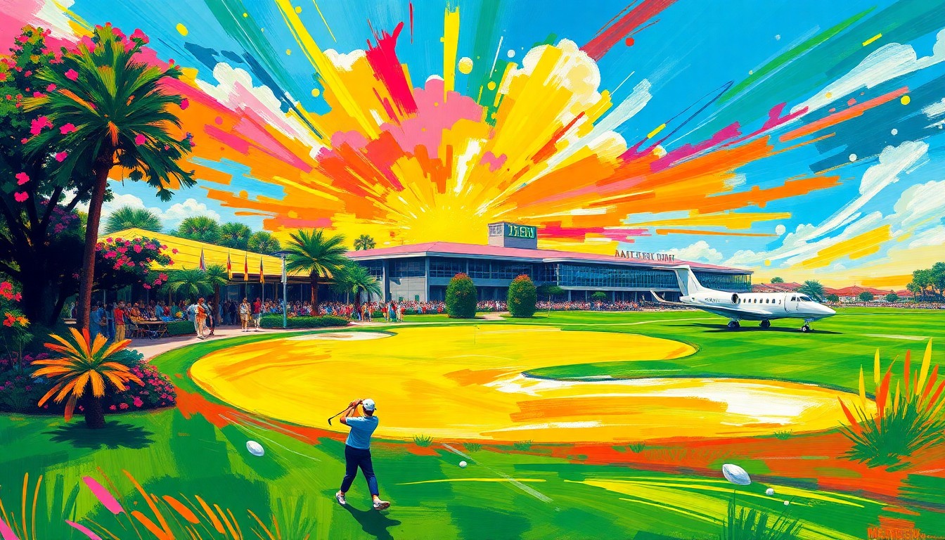 An abstract, expressionist painting in vibrant neon colors, capturing the energy and excitement of the Masters golf tournament, with the new private jet terminal in the background.