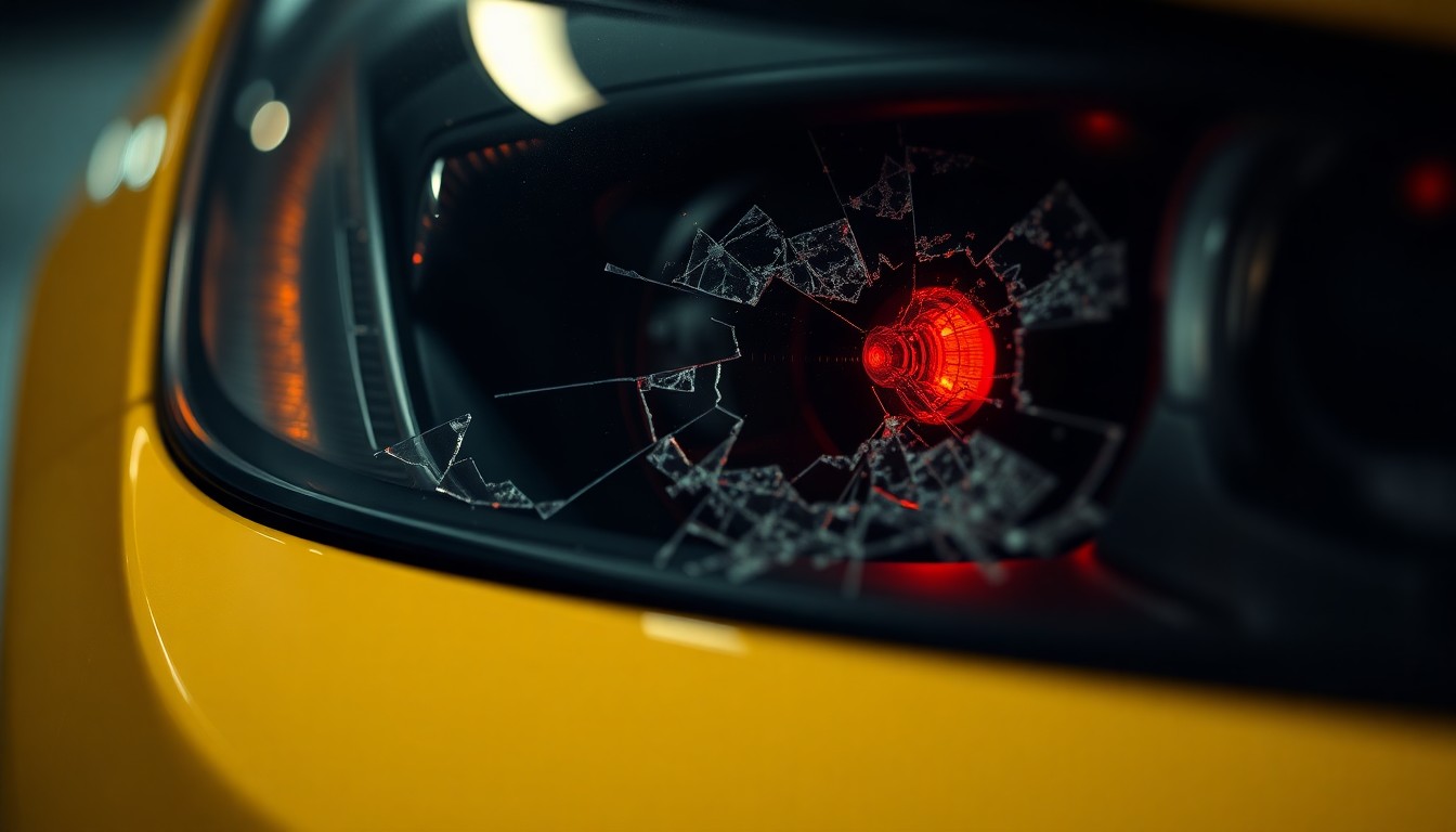 An extreme close-up of a shattered car sensor lens reflecting a faint red light, conceptually illustrating the vandalism of self-driving cars.