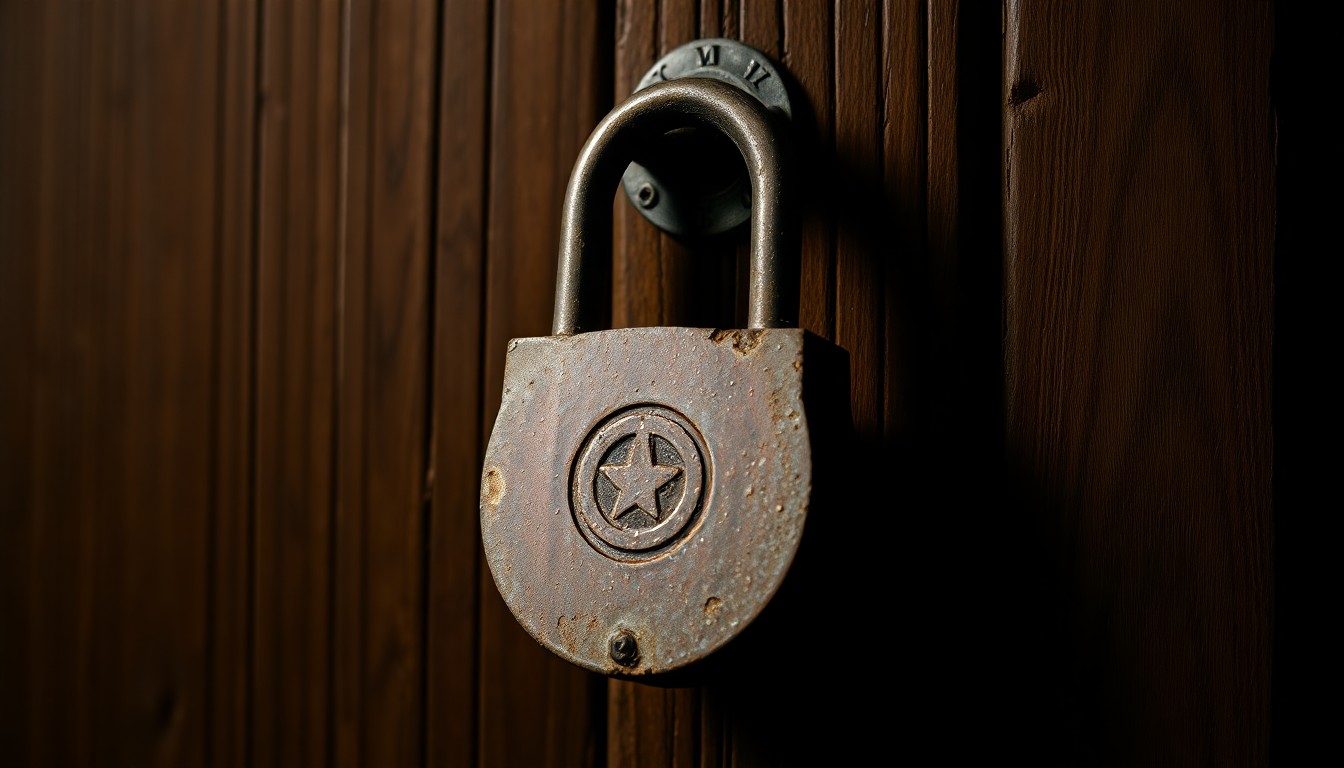 An extreme close-up of a rusted, weathered padlock on a wooden door, dramatically lit by a harsh flash against a dark background, conceptually representing the forced entry at the center of this rural housing dispute.