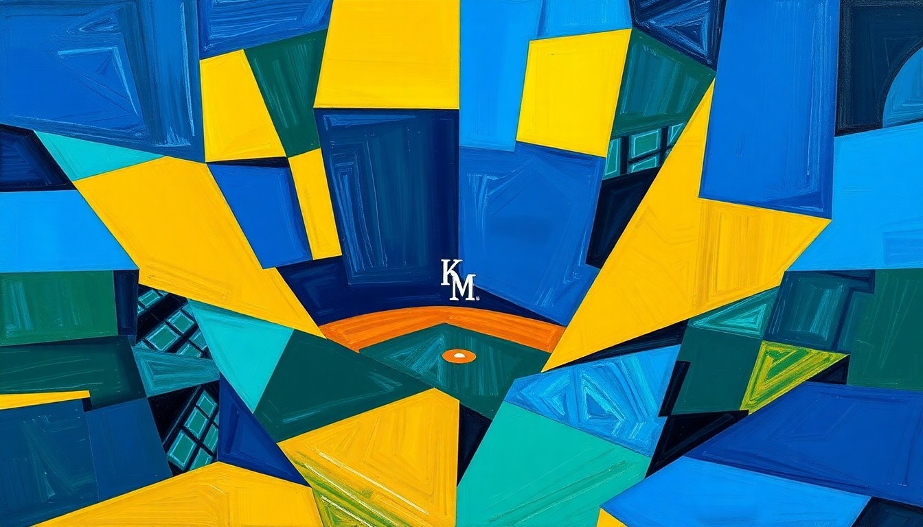 A cubist, geometric painting depicting a baseball game in progress, with the players and field broken down into sharp, overlapping planes of color in shades of blue, gold, and green, capturing the dynamic energy of the sport.