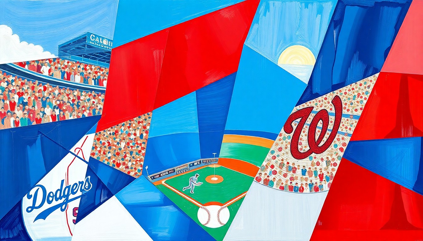 A fragmented, geometric painting depicting a baseball game between the Dodgers and Nationals, with sharp planes of color and overlapping shapes representing the dynamic action on the field.