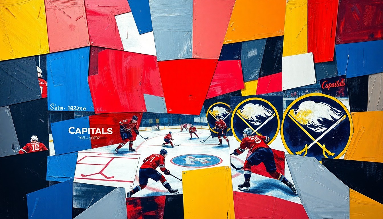 A cubist, geometric painting depicting a hockey game between the Washington Capitals and Buffalo Sabres, with the players and action broken down into sharp, overlapping planes of color.