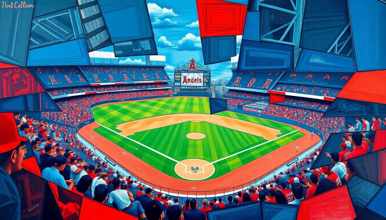 A cubist, geometric painting depicting a baseball game between the Los Angeles Angels and Seattle Mariners, with the players and field broken down into overlapping angular shapes in shades of red, blue, and white.