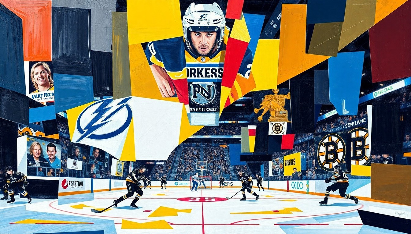 A cubist-style painting featuring sharp, overlapping geometric shapes in the official team colors of the Tampa Bay Lightning and Boston Bruins, conceptually representing the intensity and action of a high-stakes NHL matchup between the two clubs.
