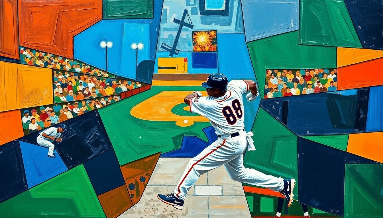 A fractured, cubist-style painting depicting the motion and energy of a baseball player, with sharp geometric shapes and vibrant colors representing the excitement of a new season.