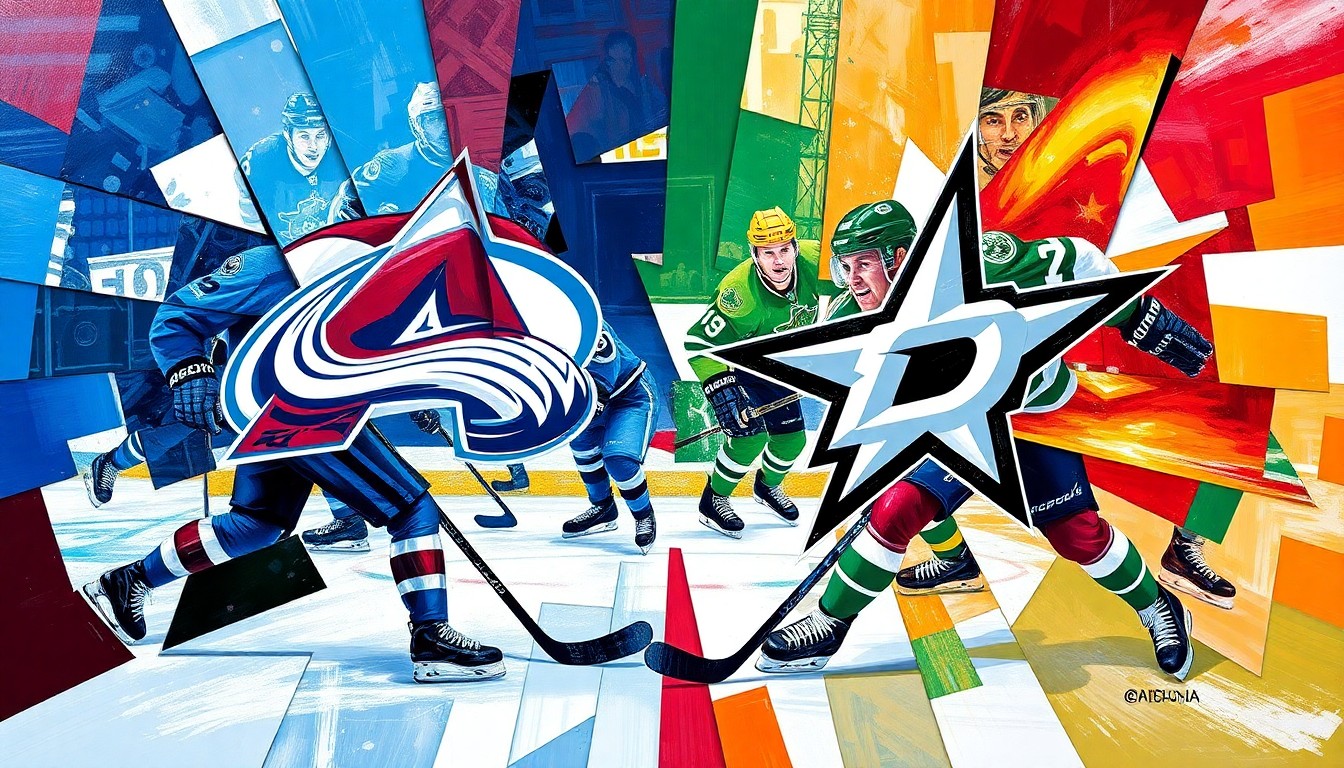 A fractured, geometric painting depicting a hockey game between the Colorado Avalanche and Dallas Stars, with the players' uniforms and movements broken down into sharp, overlapping planes of vibrant colors.