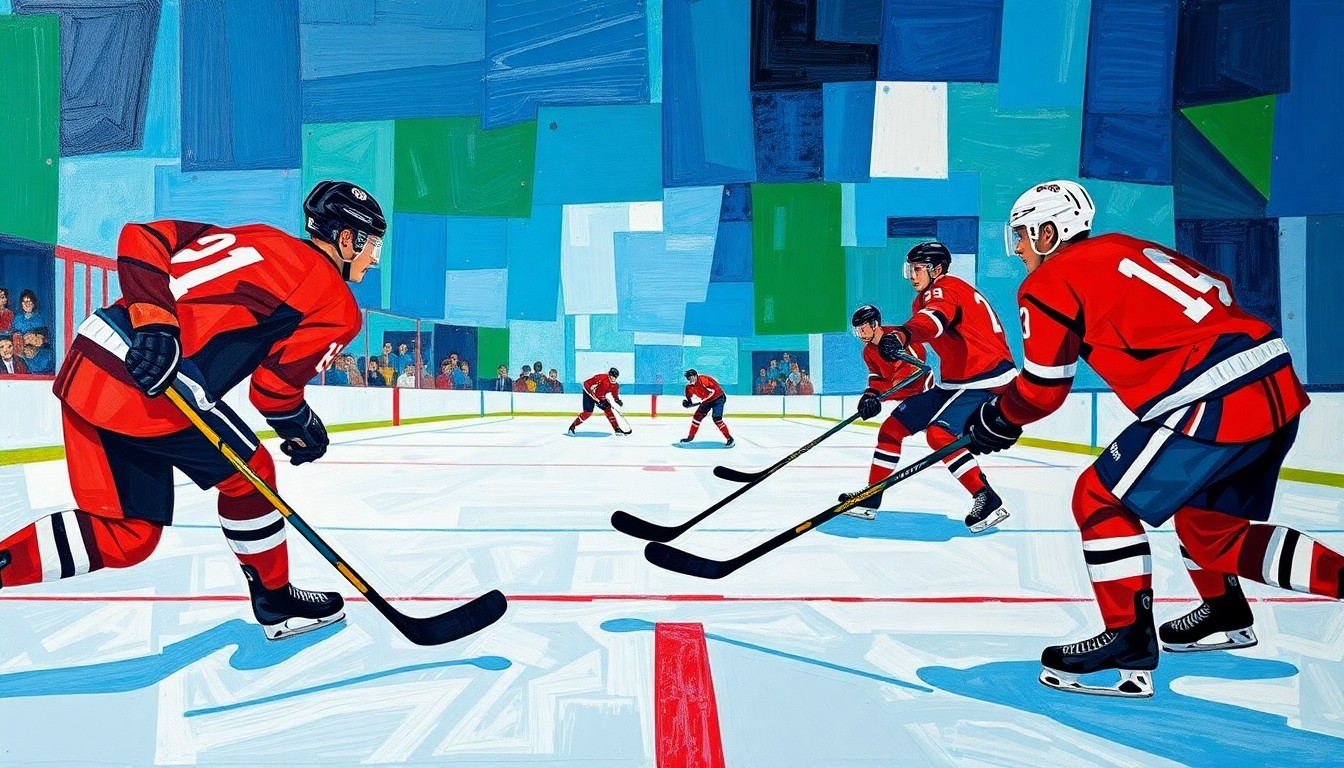 A fragmented, geometric painting depicting the dynamic movements of hockey players on the ice, with sharp planes of color and overlapping shapes representing the fast-paced action of the game.