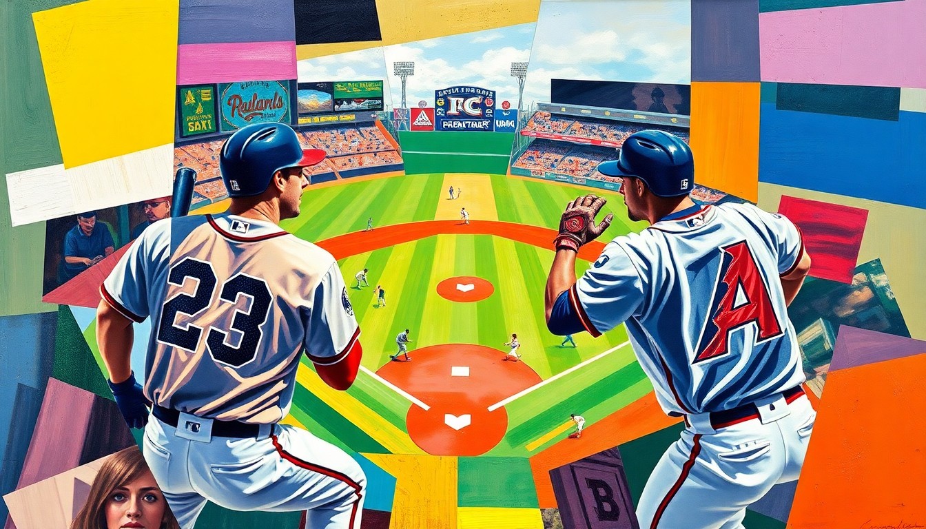 A cubist, geometric painting depicting a baseball game, with sharp, overlapping planes of color representing the players and field of play.