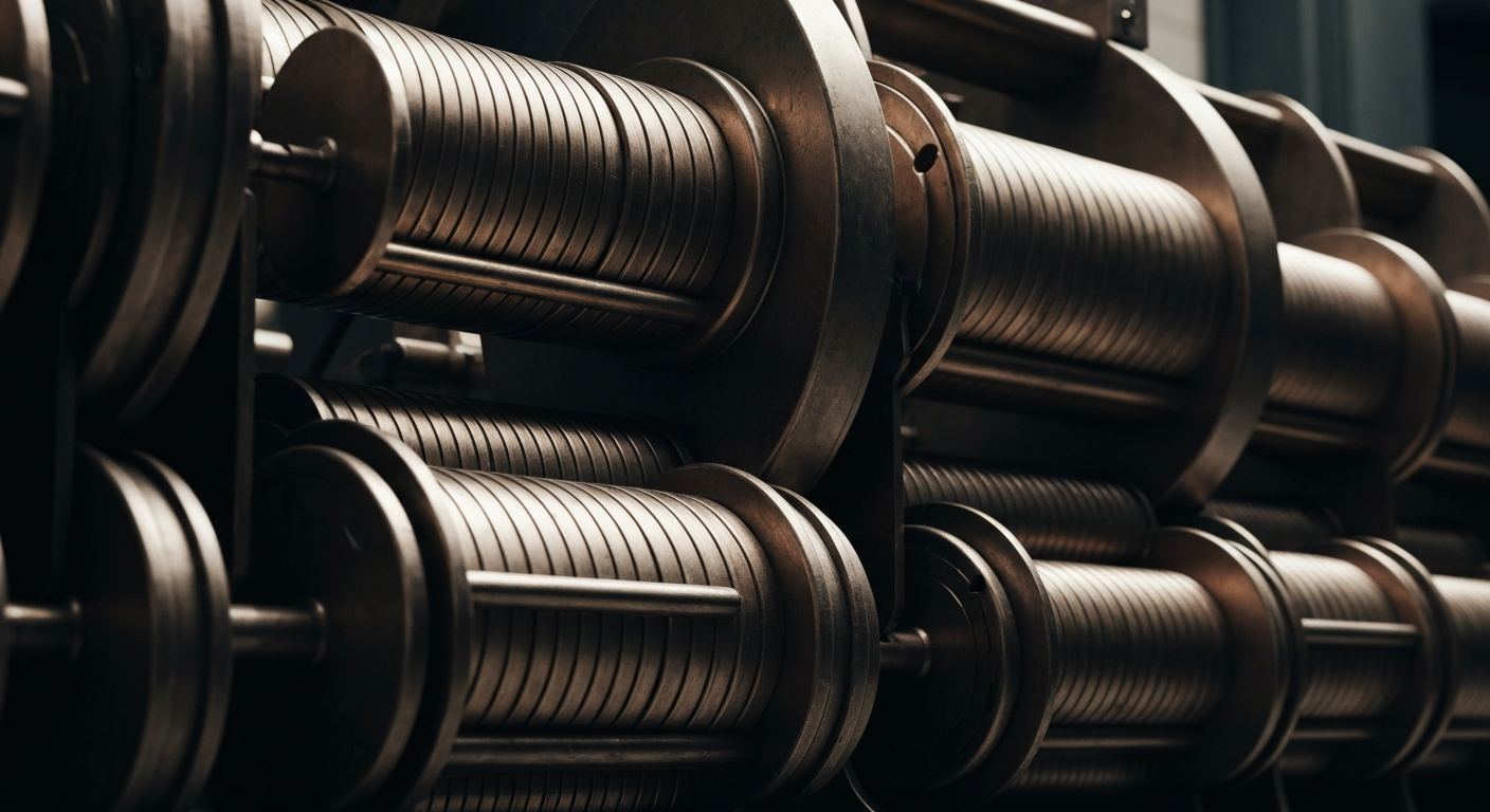 A highly detailed, macro-level view of gears, levers, and other mechanical components that make up the physical backbone of the banking and finance sectors.