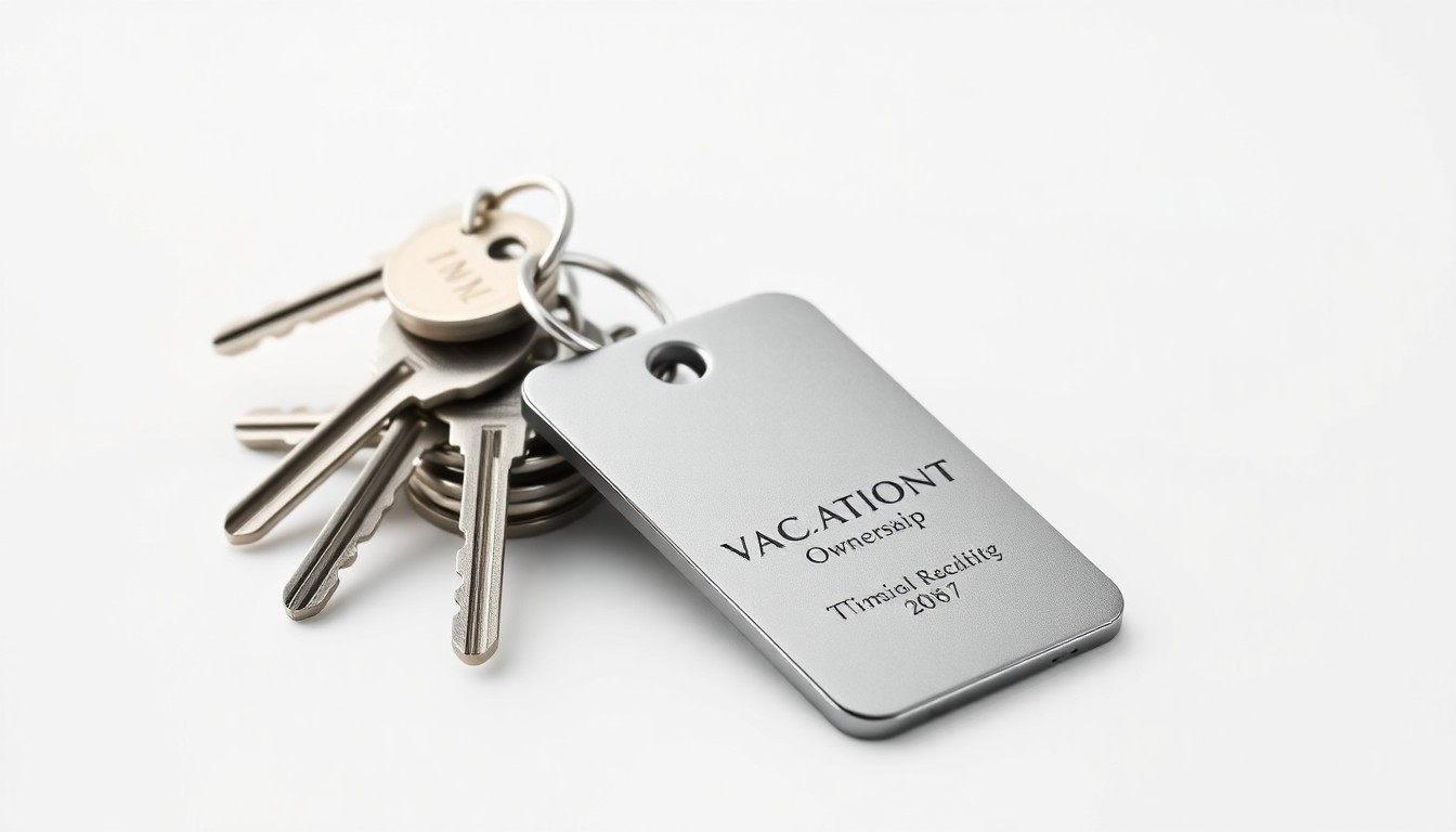 A high-end, photorealistic studio still-life featuring a stack of polished metal vacation ownership keys and a sleek, modern luggage tag on a clean, monochromatic background, symbolizing the premium experience associated with Marriott Vacations Worldwide's timeshare properties.