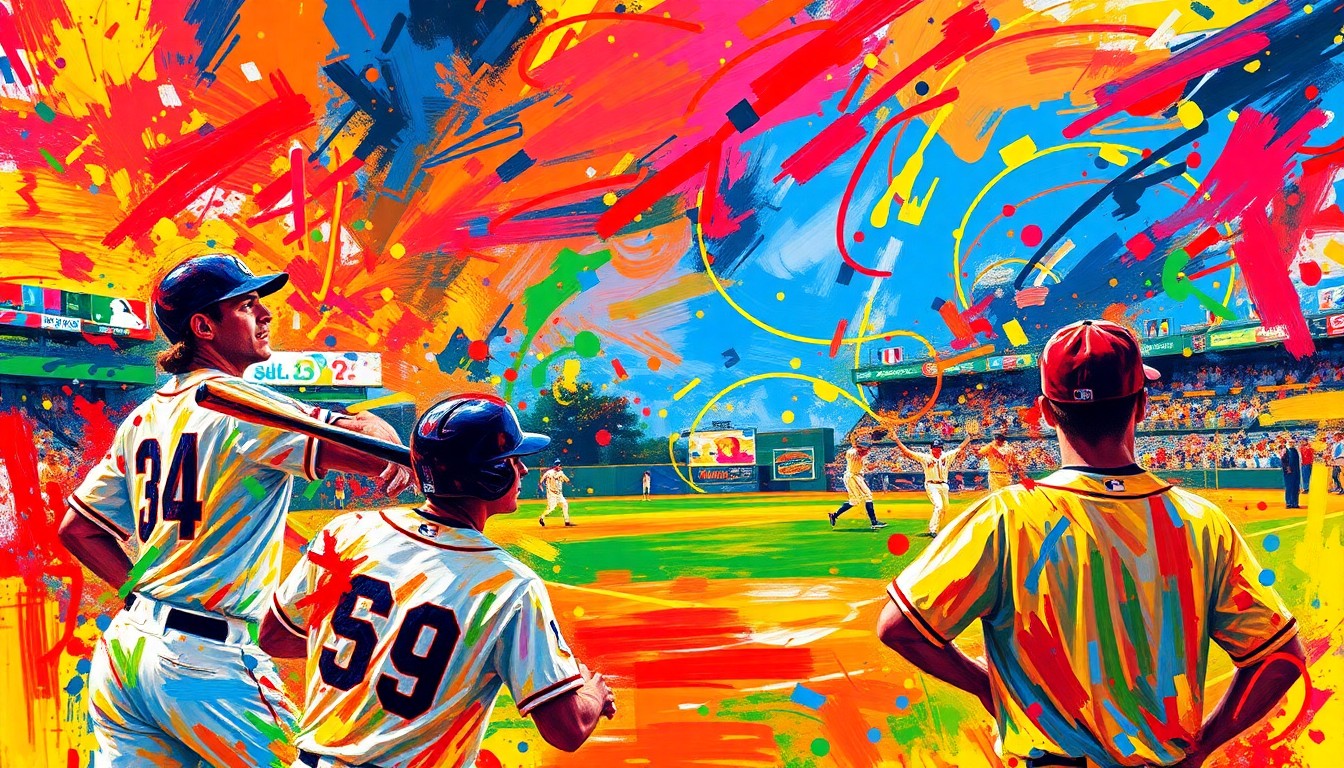 An abstract expressionist painting in vibrant neon colors, capturing the raw energy and excitement of a minor league baseball game with players' faces and uniforms dissolving into unrecognizable splatters of paint.