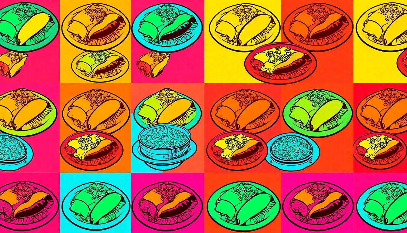 A high-contrast, silkscreen-style illustration of a stack of colorful Latin American dishes, such as tacos, empanadas, and rice and beans, repeated in a grid pattern against a bold, neon-tinged background, capturing the celebratory spirit of the new restaurant's opening.