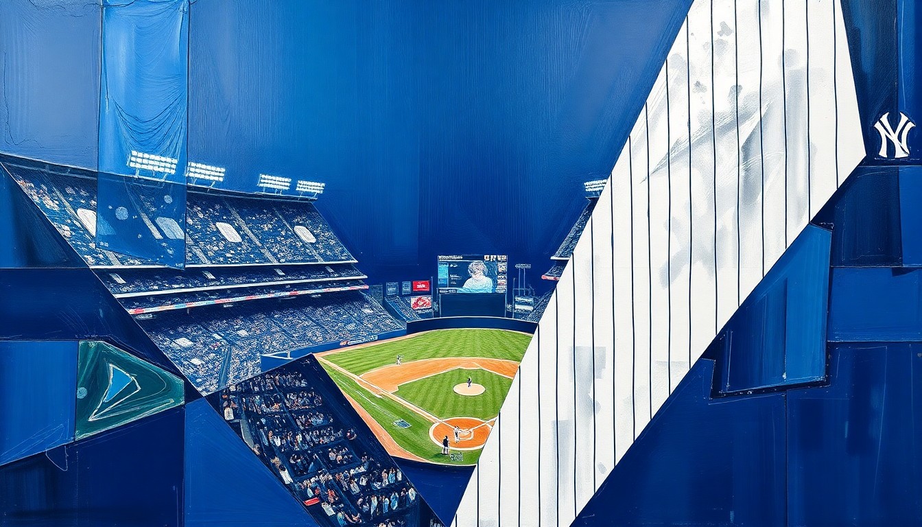 A cubist, geometric painting depicting a fragmented, multi-angled view of a baseball game, with sharp planes of navy, white, and silver representing the energy and transition of the Yankees' home opener.