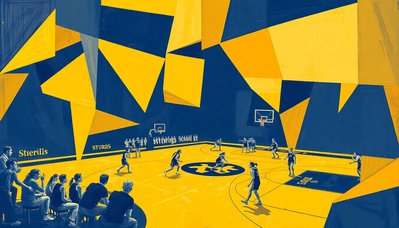 A cubist-style painting featuring overlapping geometric shapes in navy blue and gold, capturing the dynamic movement and energy of a girls' basketball game.