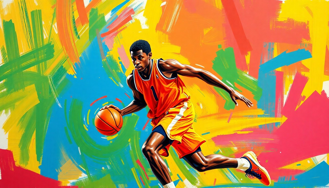 An abstract painting with rapid, expressive brushstrokes in neon shades of orange, pink, and blue, conveying the dynamic energy and athleticism of a basketball player in action.