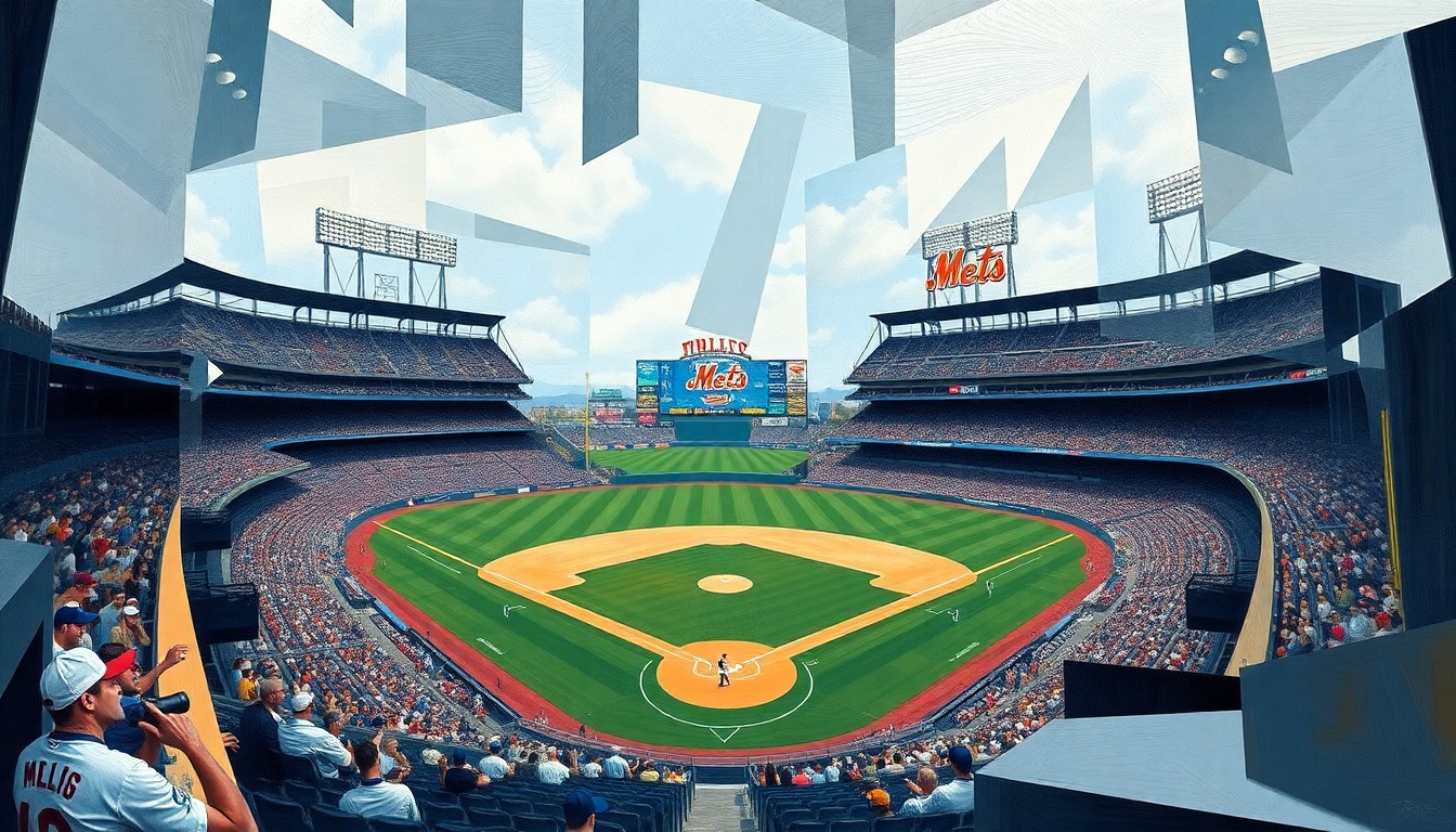 A cubist-style painting featuring overlapping geometric shapes and planes in shades of blue, orange, and green, conceptually representing the fragmented and disjointed performance of the Mets baseball team.