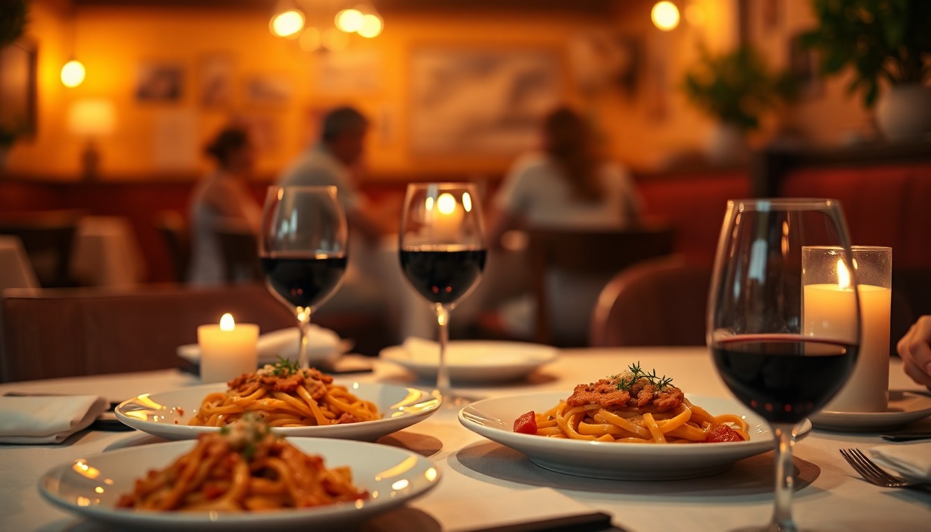 A soft, impressionistic photograph depicting the warm, cozy atmosphere of a traditional Italian restaurant, with blurred plates of pasta and the silhouettes of diners visible in the background.