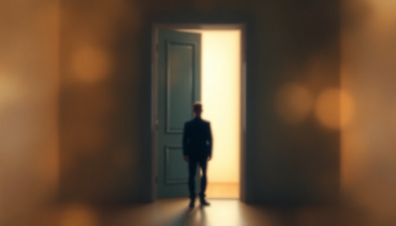 An extremely abstracted, out-of-focus photograph depicting a lone figure standing in front of a doorway, surrounded by soft, warm pools of light and color, conceptually representing the idea of a second chance or a door still open, even in the darkest of times.