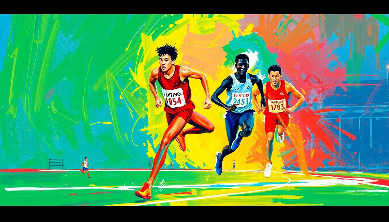 An abstract, textured painting in bright neon colors featuring dynamic, expressive brushstrokes that convey the raw athleticism and competitive spirit of high school track and field events.