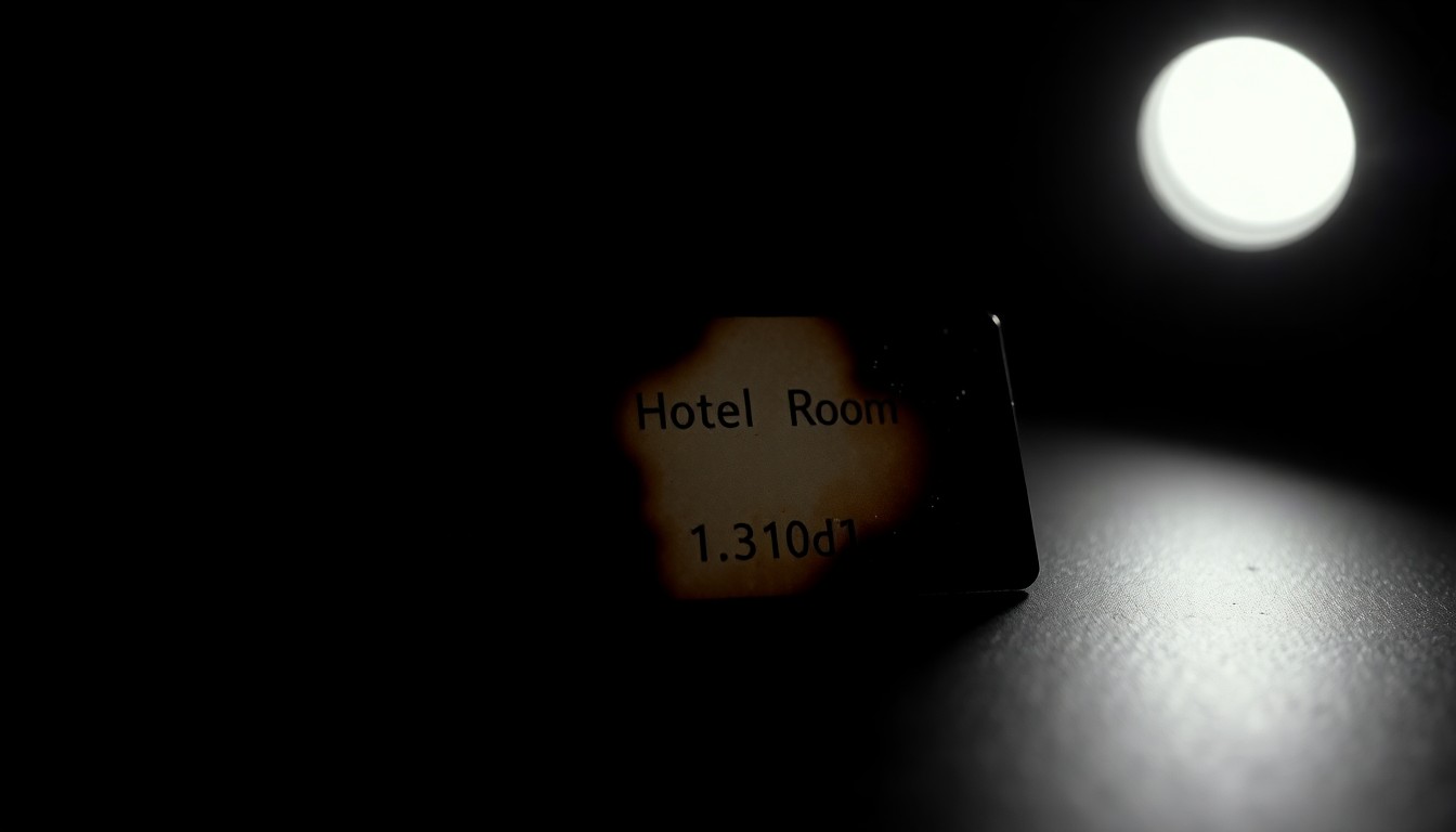 An extreme close-up of a charred hotel room key card reflecting a bright flash of light, conveying the gritty, investigative nature of the incident.