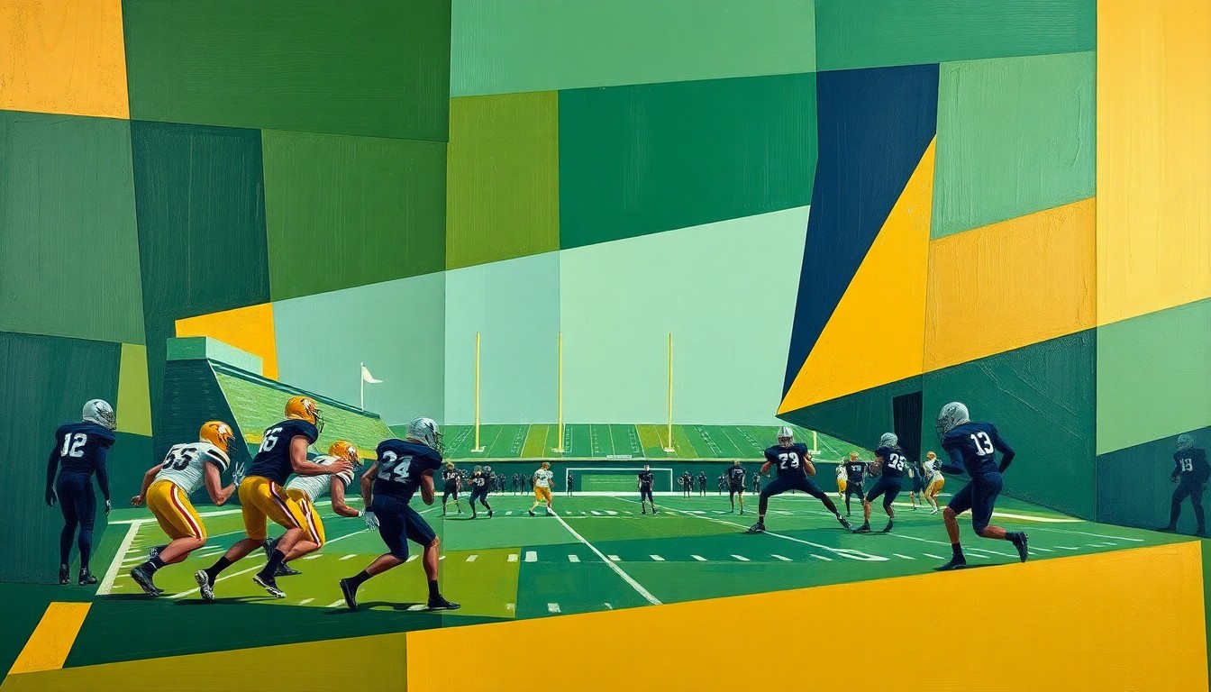 A cubist-style painting depicting a fragmented, geometric scene of a college football practice, with overlapping planes of green, gold, and navy blue representing the intense energy and focus of the coaching staff.