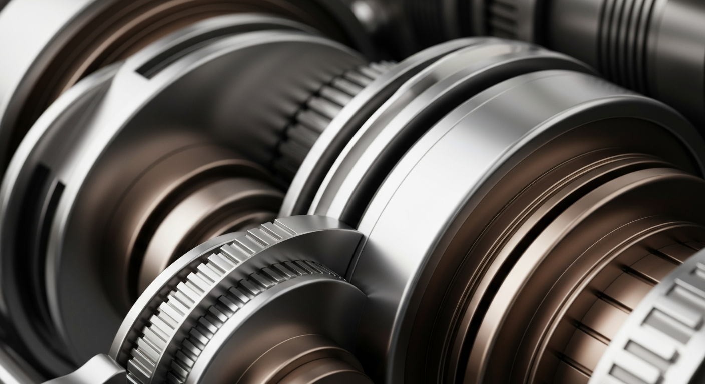 An extreme close-up of intricately engineered banking equipment and mechanisms, conveying a sense of institutional financial power and security without using any literal currency or stock market imagery.