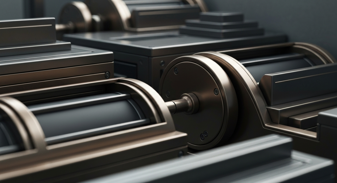 An extreme close-up of intricate, heavy-duty banking equipment and machinery, conveying a sense of institutional financial security and stability through its industrial design and muted color palette.