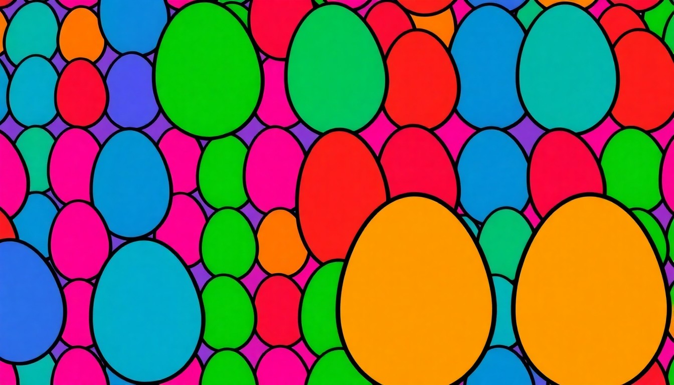 A high-contrast, silkscreen-style illustration of colorful Easter eggs repeated in a grid pattern, capturing the joyful energy of community Easter celebrations.
