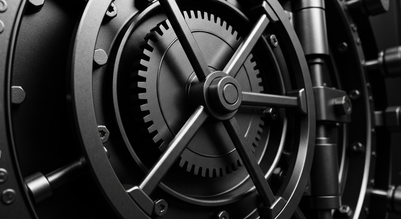 A high-contrast, close-up image of the intricate gears and mechanisms of a heavy bank vault door, representing the institutional power and financial security of major banking investments.