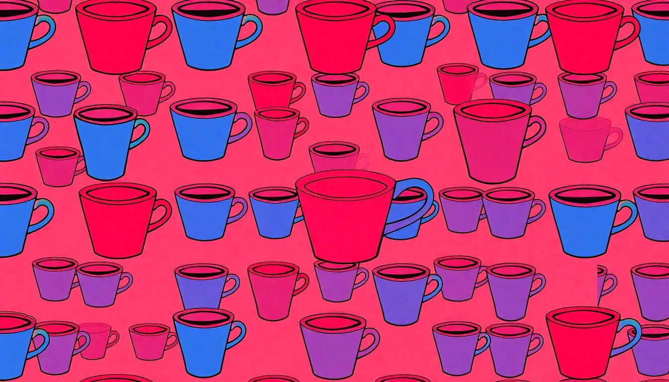 A brightly colored, high-contrast silkscreen print of a single, iconic coffee cup repeated in a tight grid pattern, capturing the energy and creativity of Knoxville's local coffee scene.