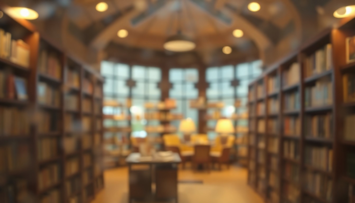 An abstract, impressionistic scene of blurred shapes and colors, suggesting the cozy, welcoming atmosphere of a public library interior.