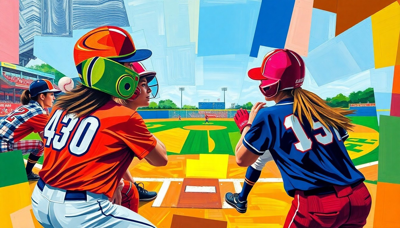 A cubist, geometric painting depicting a softball game in motion, with overlapping planes of color representing the players, field, and action.