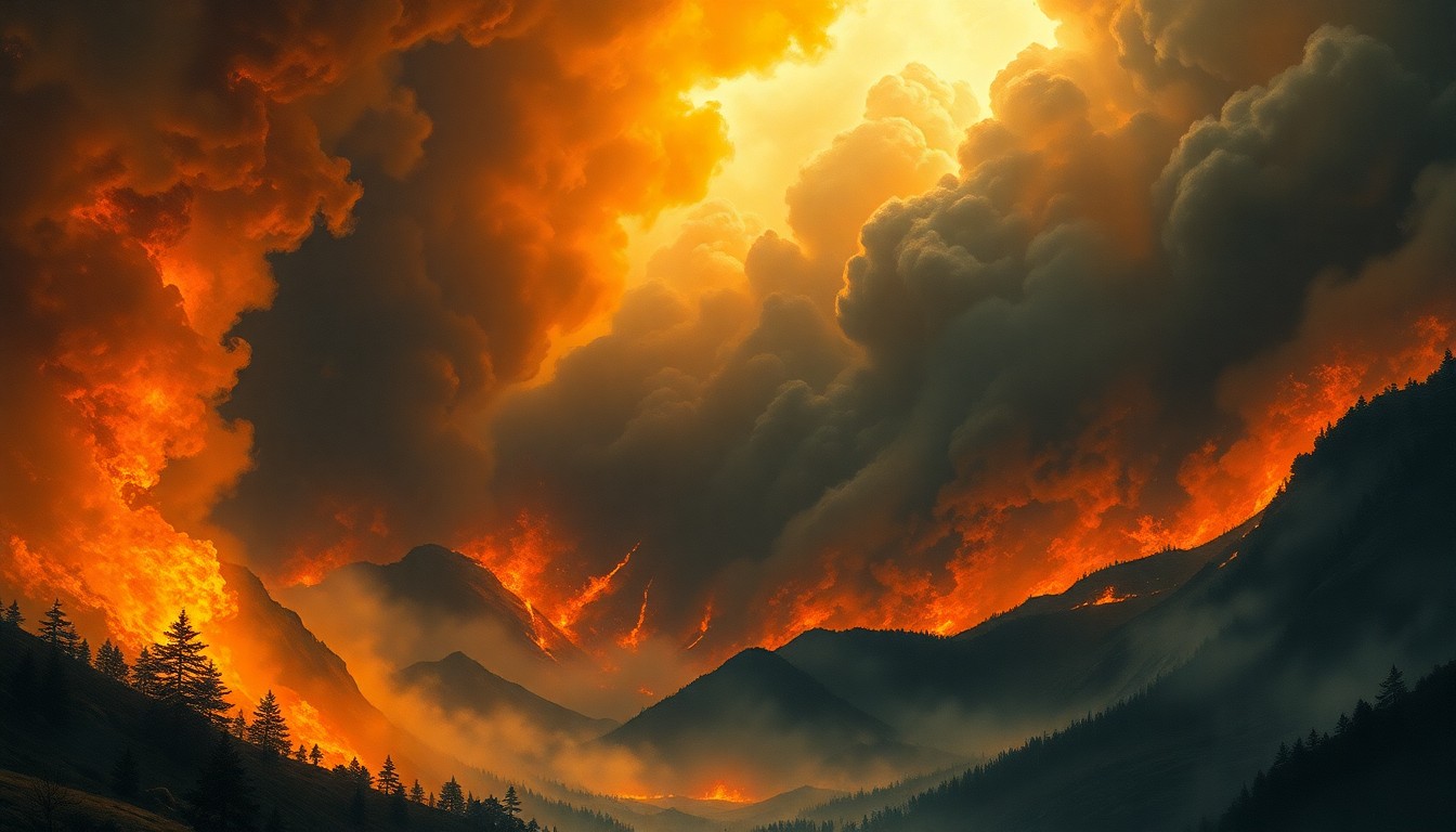 A dramatic, atmospheric landscape painting depicting a massive wildfire raging across a mountainous terrain, with the flames and smoke dominating the frame and dwarfing any visible structures or objects.