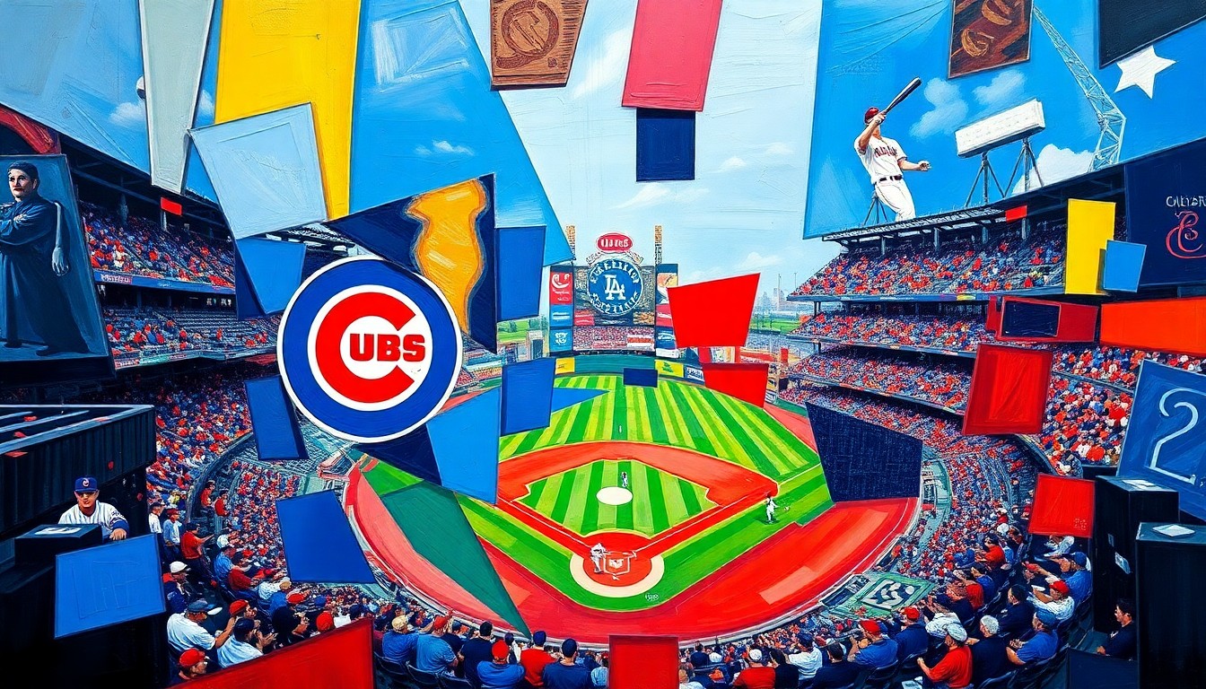 A fractured, geometric painting in bold, clashing colors that deconstructs a baseball game between the Chicago Cubs and Cleveland Guardians into sharp, overlapping planes, capturing the dynamic energy and competitive spirit of the early-season matchup.