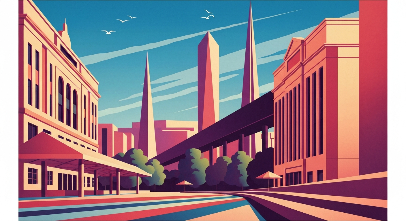 A bold, geometric illustration in the Art Deco style, featuring sweeping lines and gradients in bright, warm colors that evoke the energy and excitement of spring break activities in West Michigan.