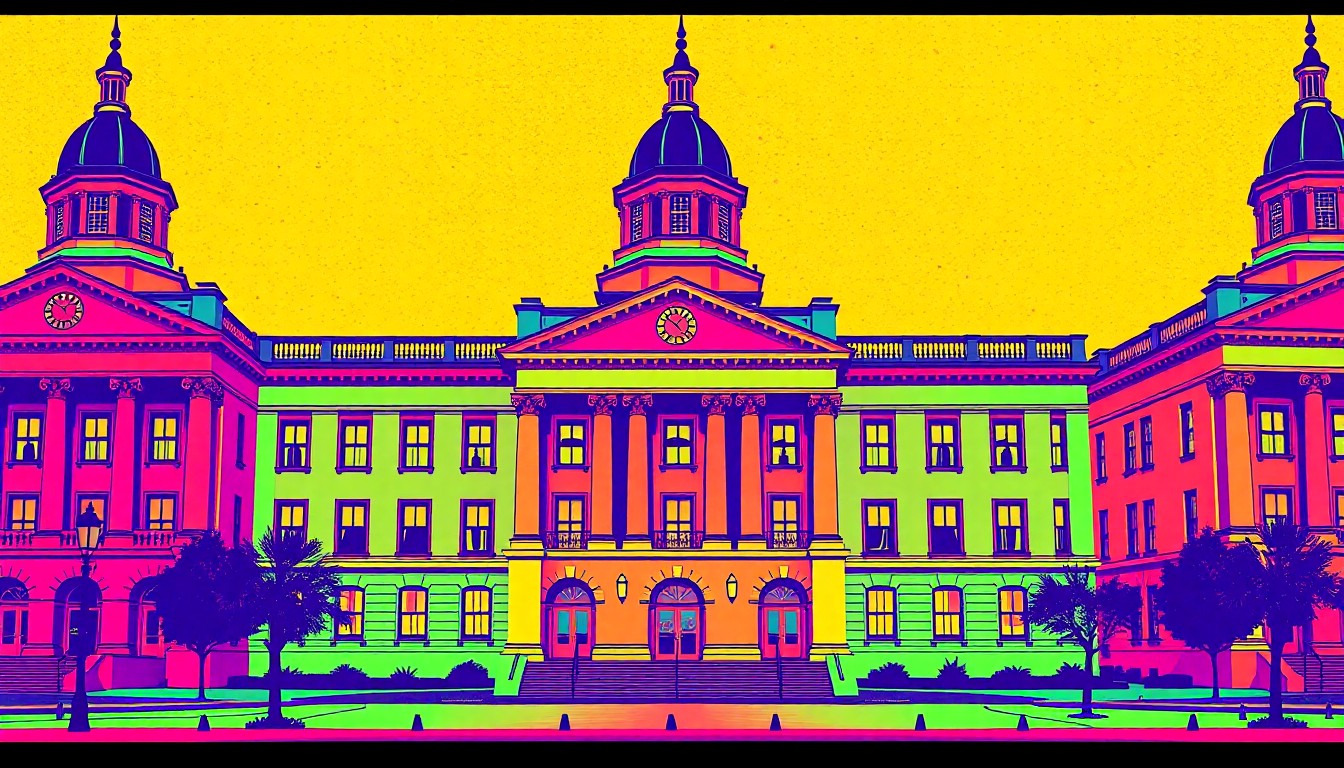 A brightly colored, high-contrast silkscreen print of a city hall building or other iconic local government structure repeated in a tight grid pattern, conceptually representing the diversity of voices on Hot Springs' advisory boards and commissions.