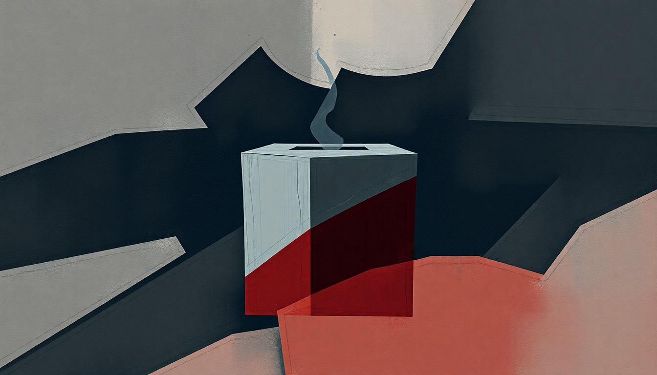 A highly textured, abstract painting featuring overlapping geometric shapes in shades of grey, blue, and red, conveying a sense of political unrest and uncertainty around the integrity of elections.