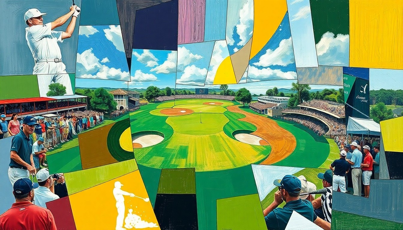 A cubist, geometric painting depicting a golf tournament, with overlapping planes of color and shape representing the dynamic action and competition of the event.